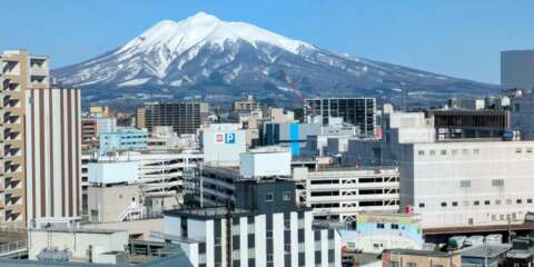 郊外のビル群の先に、雪をいただく大きな山（岩木山）が青空の下にそびえる街並みの風景